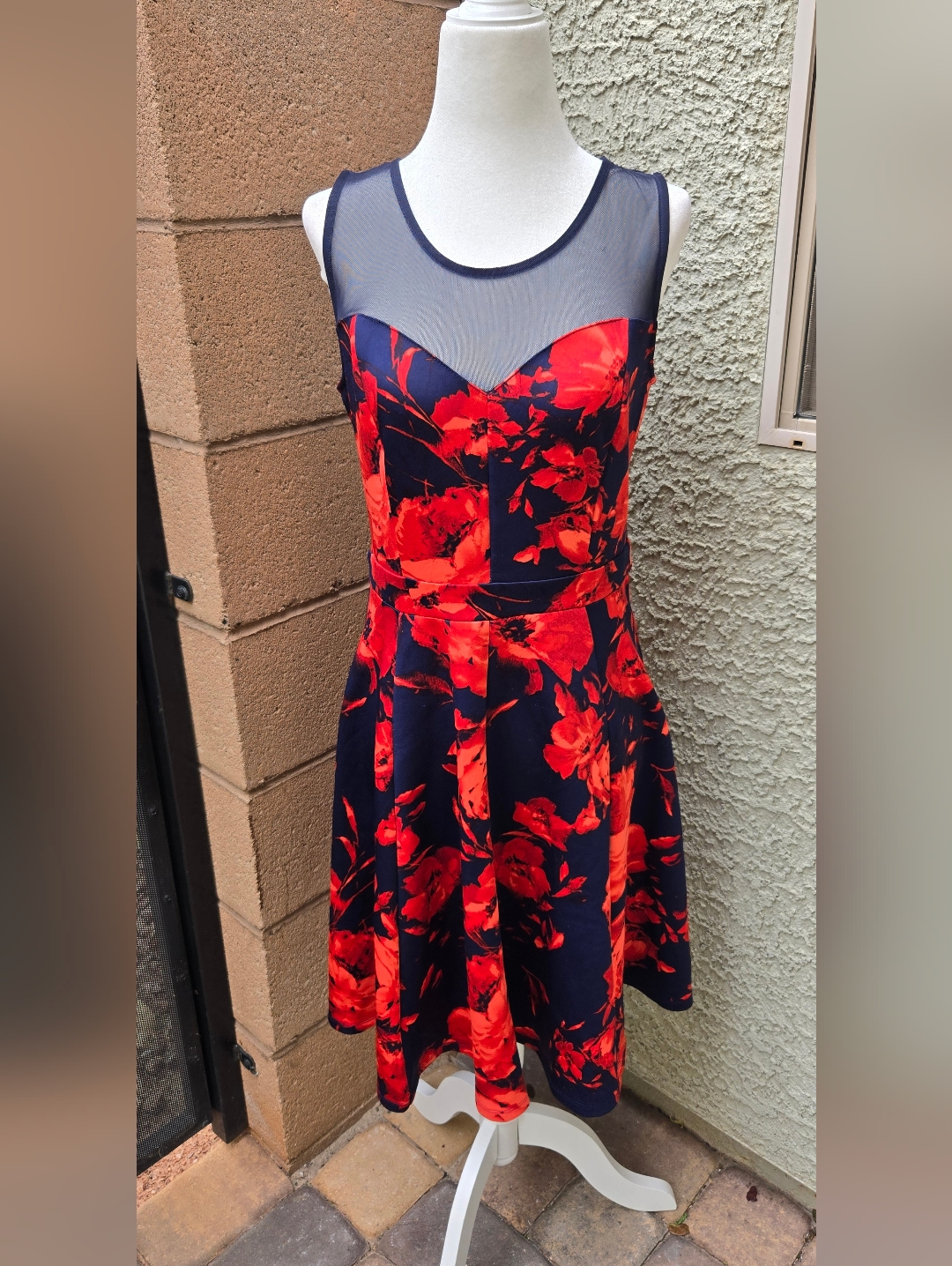 Enfocus Studio Sleeveless Navy & Red Floral Fit-And-Flare Dress With Mesh Yoke